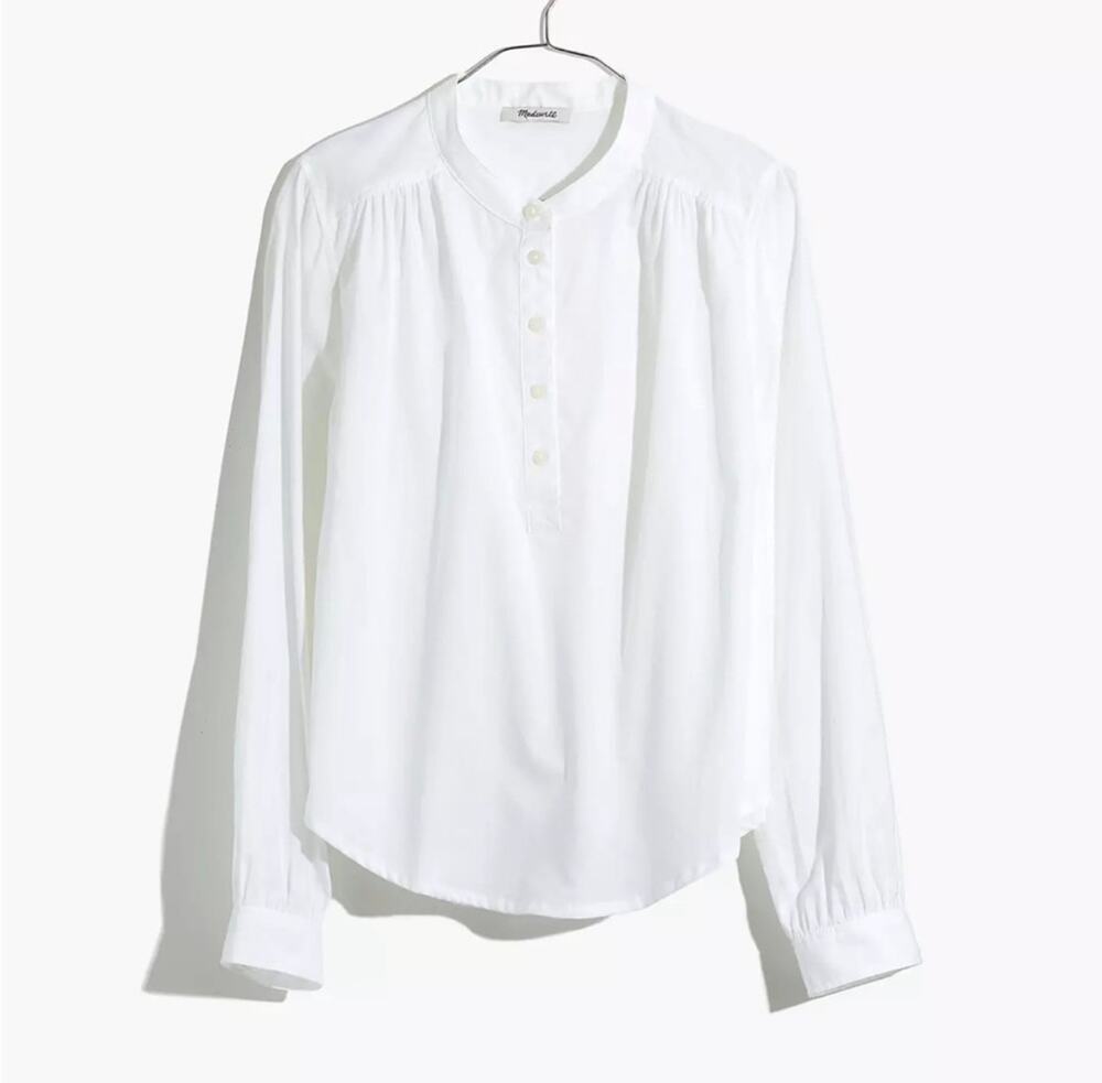 Madewell | White Cotton 1/2 Button Up Long Sleeve Preppy Business Casual Blouse